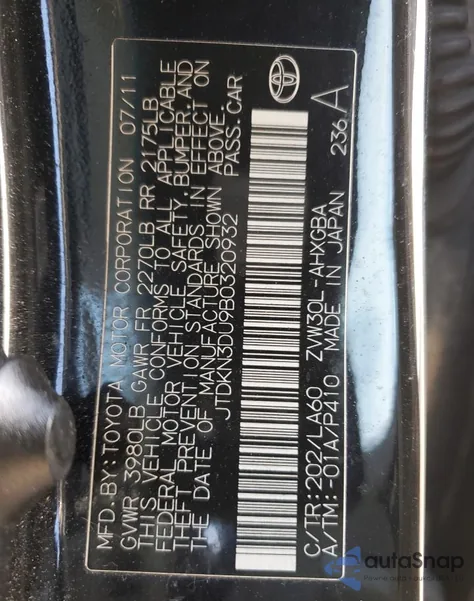 2011 Toyota Prius from USA, damaged, VIN JTDKN3DU9B0320932